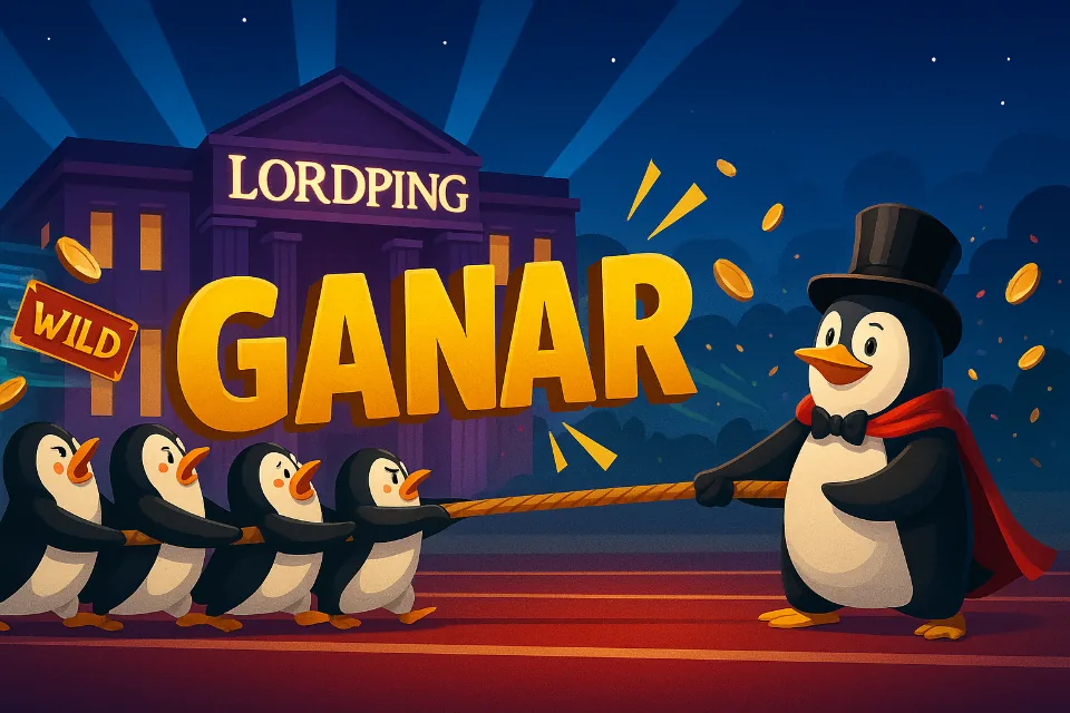 Varios pingüinos tiran de una cuerda para ganar en un casino LordPing casino