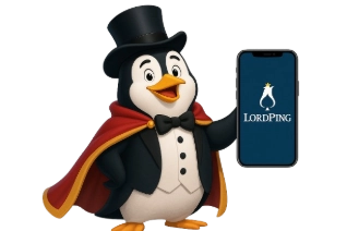 Pequeño pingüino con teléfono inteligente y juegos de Lord Ping Casino