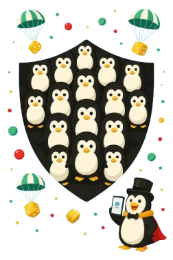 Escudo de pingüino, fichas de juego, dados en paracaídas